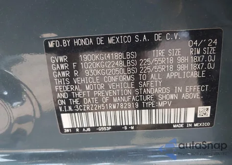 2024 Honda Hr-V Awd Sport/Awd Sport W/O Bsi из США, поврежденный, VIN 3CZRZ2H51RM782919